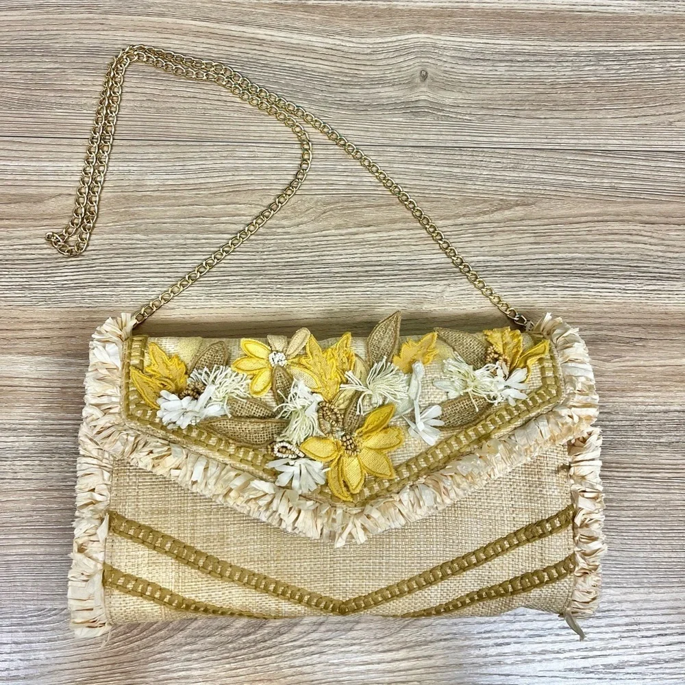 NEW Chico's Neutral Embroidered Fringe Clutch